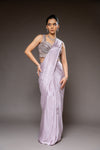 Mauve Bead, Cutdana & Sequence Chinon Pre-Draped Designer Saree With Readymade Blouse