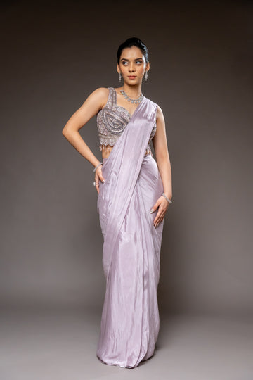 Mauve Bead, Cutdana & Sequence Chinon Pre-Draped Designer Saree With Readymade Blouse