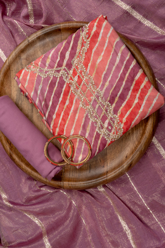 Coral Bead, Sequence, Zari Threadwork & Lehriya Printed Cotton Unstitched Salwar Suit With Cotton Dupatta