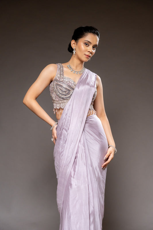 Mauve Bead, Cutdana & Sequence Chinon Pre-Draped Designer Saree With Readymade Blouse
