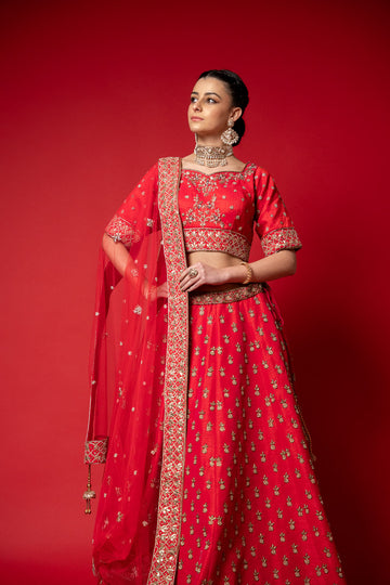 Coral Raw Silk Lehenga Set And Net Dupatta With Readymade Blouse