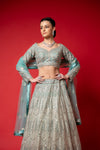 Tea-green Swarovski, Mirror, Zari, Threadwork, Embroidery & Bead Sequence Net Lehenga Set With Readymade Blouse