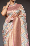 Peach Georgette Banarasi Woven Zari Saree With Unstitched Blouse