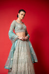 Tea-green Swarovski, Mirror, Zari, Threadwork, Embroidery & Bead Sequence Net Lehenga Set With Readymade Blouse