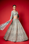 Tea-green Swarovski, Mirror, Zari, Threadwork, Embroidery & Bead Sequence Net Lehenga Set With Readymade Blouse