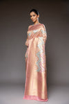 Peach Georgette Banarasi Woven Zari Saree With Unstitched Blouse