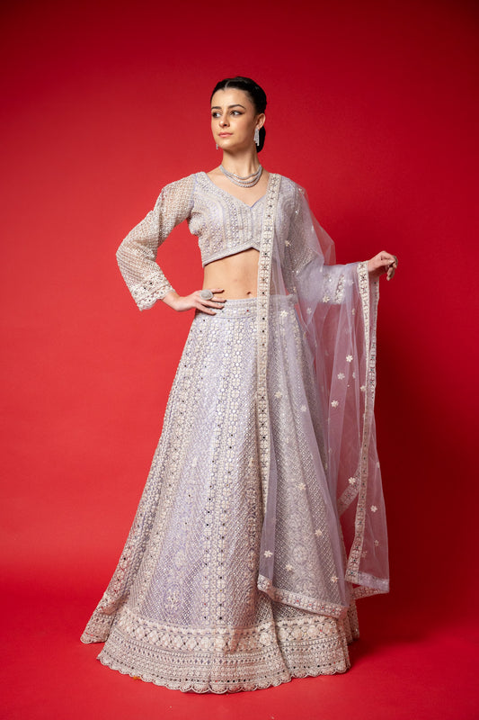 Mauve Bead, Mirror, Threadwork & Sequence Net Lehenga Set With Readymade Blouse