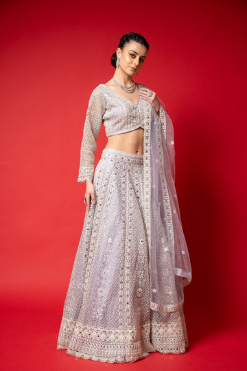 Mauve Threadwork, Embroidery, Mirror, Bead Work, Sequence Net Lehenga Set With Readymade Blouse