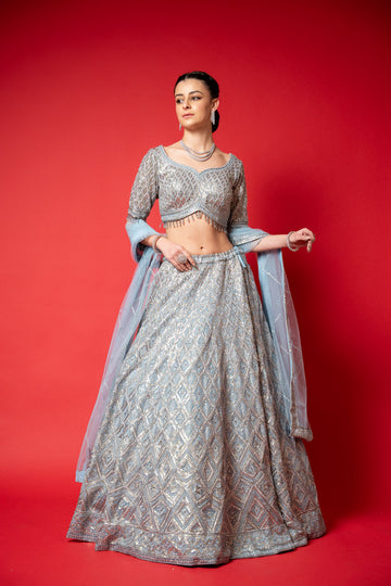 Sky Blue Swarovski, Threadwork, Embroidered, Mirror, Bead, Sequence Net Lehenga Set With Readymade Blouse