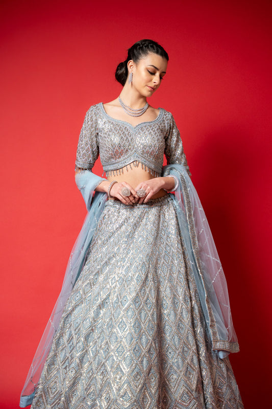 Sky Blue Swarovski, Threadwork, Embroidered, Mirror, Bead, Sequence Net Lehenga Set With Readymade Blouse