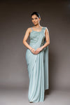 Pista Cutdana, Bead & Sequence Lycra Pre-Draped Designer Saree With Readymade Blouse