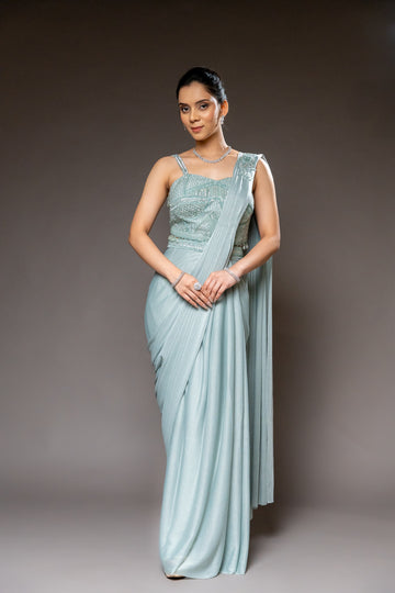 Pista Cutdana, Bead & Sequence Lycra Pre-Draped Designer Saree With Readymade Blouse