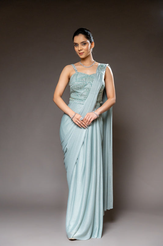 Pista Cutdana, Bead & Sequence Lycra Pre-Draped Designer Saree With Readymade Blouse