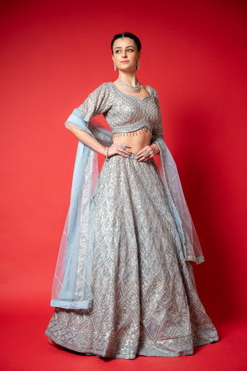 Sky Blue Swarovski, Threadwork, Embroidered, Mirror, Bead, Sequence Net Lehenga Set With Readymade Blouse