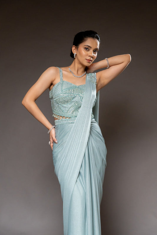 Pista Cutdana, Bead & Sequence Lycra Pre-Draped Designer Saree With Readymade Blouse