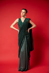 Bottle Green Bead, Cutdana & Sequence Designer Pre-Draped Net Saree With Readymade Blouse