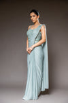 Pista Cutdana, Bead & Sequence Lycra Pre-Draped Designer Saree With Readymade Blouse