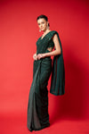 Bottle Green Bead, Cutdana & Sequence Designer Pre-Draped Net Saree With Readymade Blouse