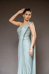 Pista Lycra Pre-Draped Designer Saree With Readymade Blouse