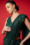 Bottle Green Bead, Cutdana & Sequence Designer Pre-Draped Net Saree With Readymade Blouse