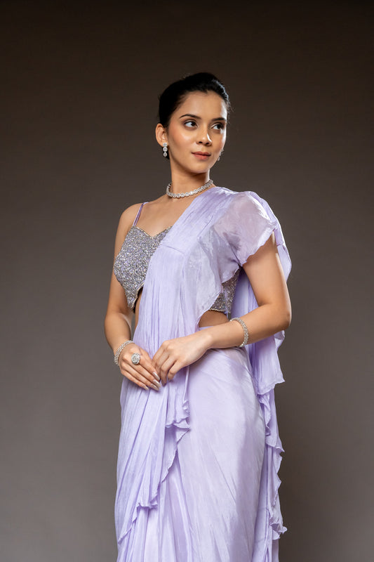 Mauve Bead, Cutdana, Mirror & Sequence Chinon Pre-Draped Designer Saree With Readymade Blouse