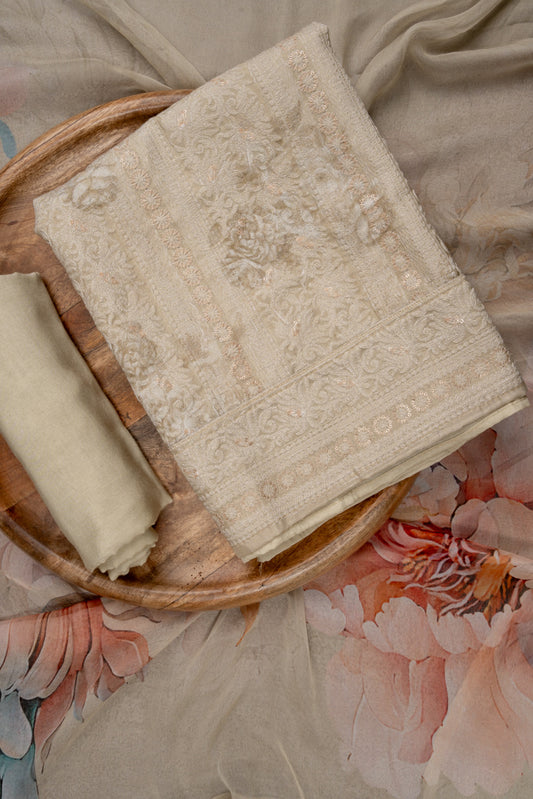 Tussar Sequence, Threadwork & Floral Printed Cotton Unstitched Salwar Suit With Georgette Dupatta