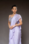 Mauve Bead, Cutdana, Mirror & Sequence Chinon Pre-Draped Designer Saree With Readymade Blouse