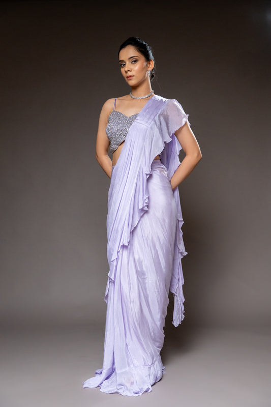 Mauve Bead, Cutdana, Mirror & Sequence Chinon Pre-Draped Designer Saree With Readymade Blouse