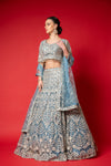 Sky Blue Swarovski, Mirror, Threadwork, Embroidery, Bead & Sequence Net Lehenga Set With Readymade Blouse