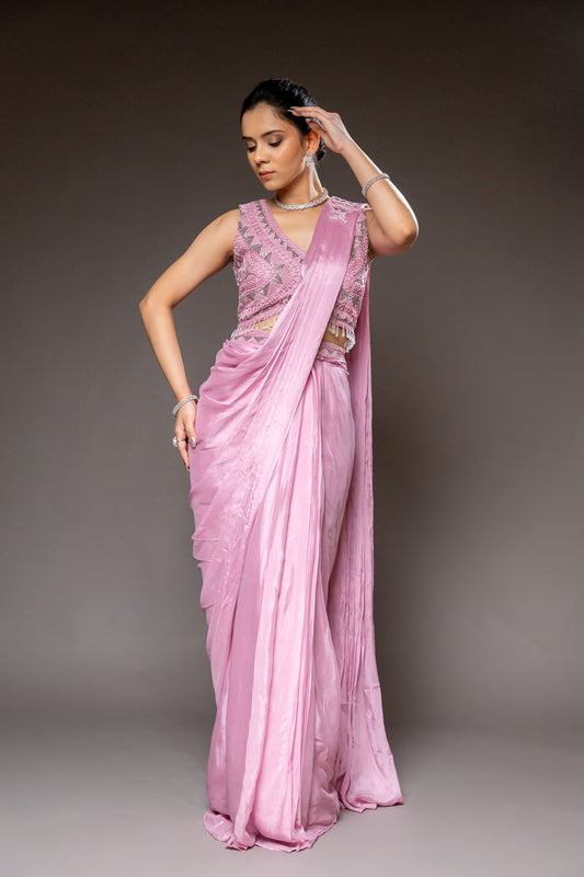 Onion Cutdana, Bead & Sequence Chinon Pre-Draped Designer Saree With Readymade Blouse