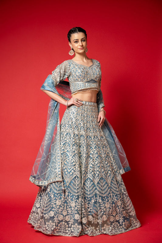 Sky Blue Swarovski, Mirror, Threadwork, Embroidery, Bead & Sequence Net Lehenga Set With Readymade Blouse