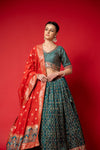 Rama Swarovski, Bead, Mirror, Banarasi Woven Zari Dolna Lehenga Set With Readymade Blouse