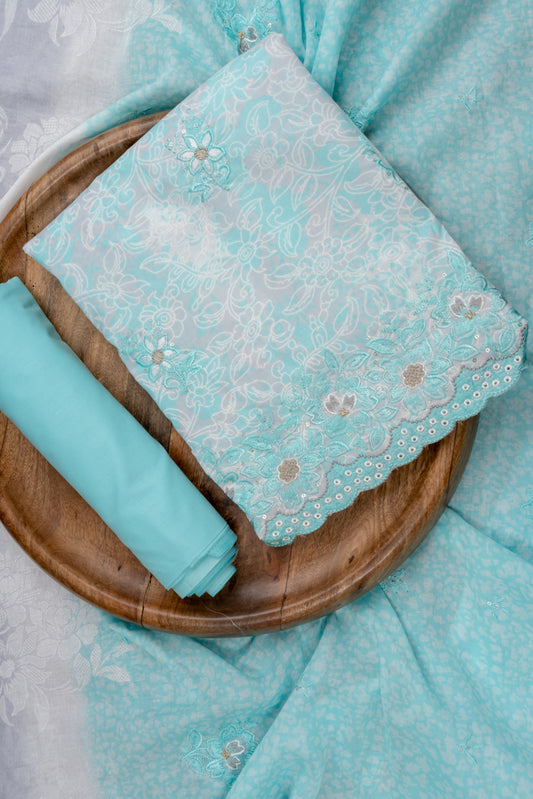 Tea Green Sequence, Threadwork & Floral Printed Cotton Unstitched Salwar Suit With Cotton Dupatta