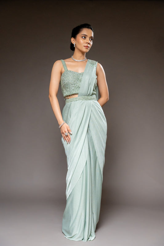 Pista Shimmer Pre-Draped Designer Saree With Readymade Blouse