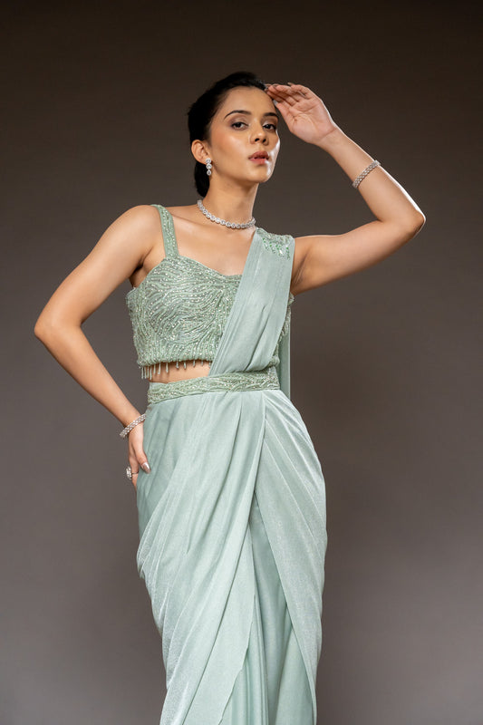 Pista Cutdana, Bead & Sequence Shimmer Pre-Draped Designer Saree With Readymade Blouse