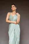 Pista Shimmer Pre-Draped Designer Saree With Readymade Blouse