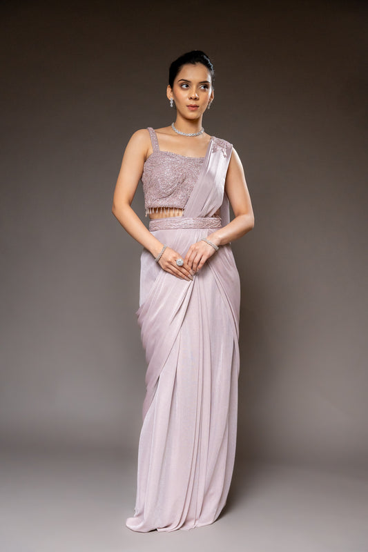 Mauve Cutdana, Bead & Sequence Shimmer Pre-Draped Designer Saree With Readymade Blouse