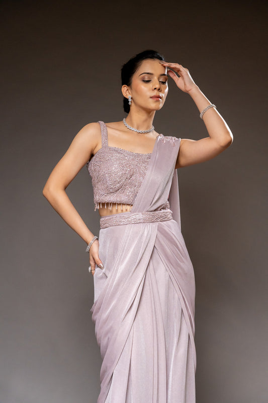 Mauve Cutdana, Bead & Sequence Shimmer Pre-Draped Designer Saree With Readymade Blouse