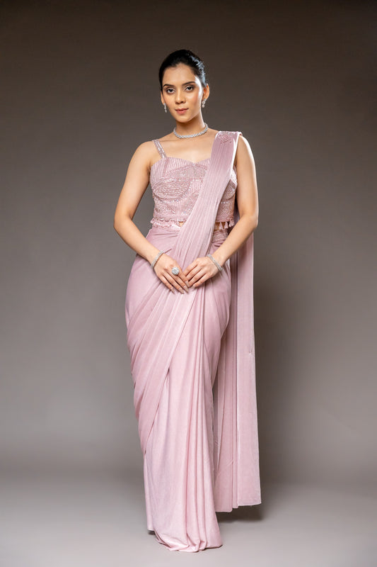 Peach Cutdana, Bead & Sequence Lycra Pre-Draped Designer Saree With Readymade Blouse