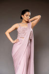 Peach Cutdana, Bead & Sequence Lycra Pre-Draped Designer Saree With Readymade Blouse
