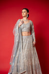 Sky Blue Swarovski, Mirror, Zari, Threadwork, Embroidery & Bead Sequence Net Lehenga Set With Readymade Blouse