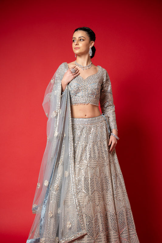 Sky Blue Swarovski, Mirror, Zari, Threadwork, Embroidery & Bead Sequence Net Lehenga Set With Readymade Blouse