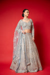 Sky Blue Swarovski, Mirror, Zari, Threadwork, Embroidery & Bead Sequence Net Lehenga Set With Readymade Blouse