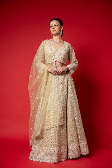 Pista Bead, Mirror, Threadwork & Sequence Net Lehenga Set With Readymade Blouse