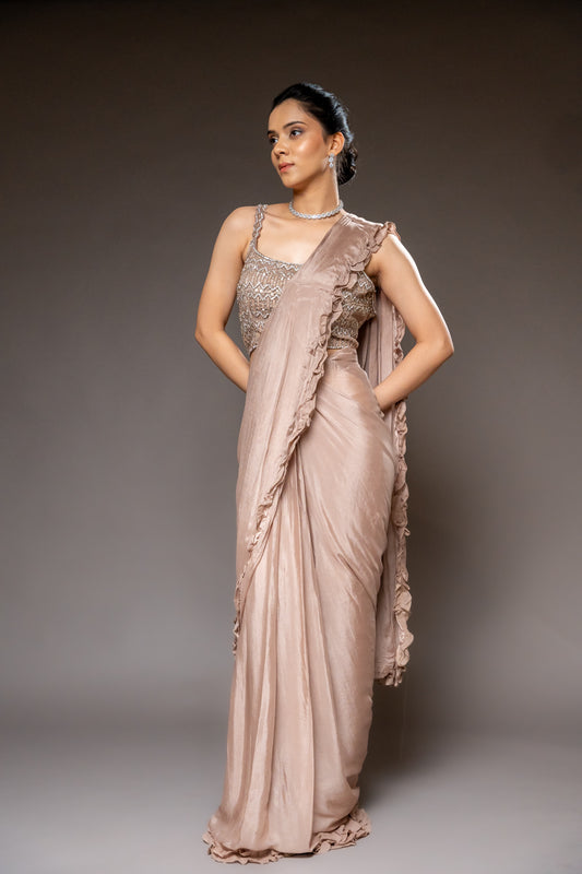 Tussar Bead, Cutdana & Sequence Chinon Pre-Draped Designer Saree With Readymade Blouse