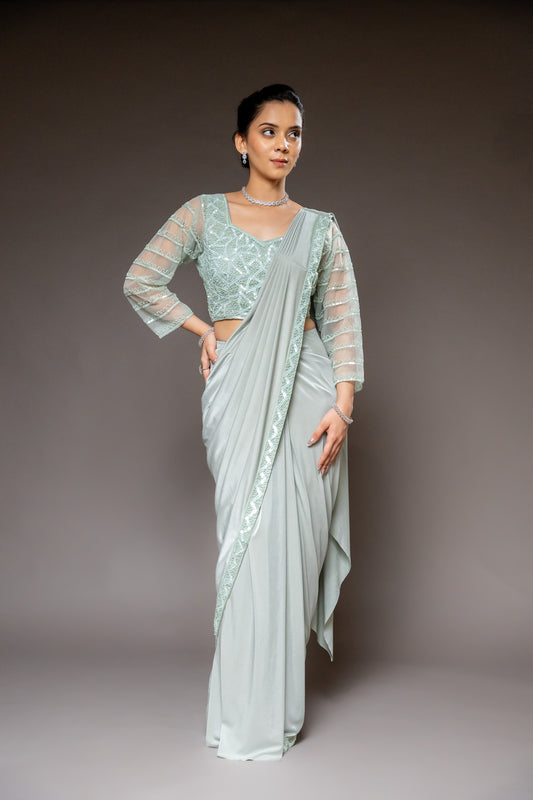 Sea Green Cutdana, Bead & Sequence Crepe Pre-Draped Designer Saree With Readymade Blouse