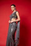 Grey Bead, Cutdana & Sequence Designer Pre-Draped Net Saree With Readymade Blouse