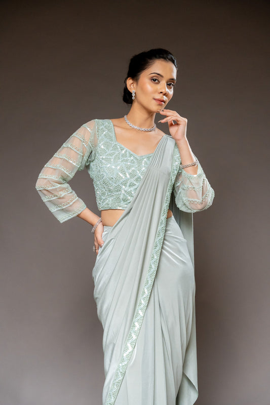 Sea Green Cutdana, Bead & Sequence Crepe Pre-Draped Designer Saree With Readymade Blouse