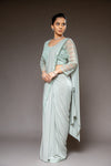 Sea Green Cutdana, Bead & Sequence Crepe Pre-Draped Designer Saree With Readymade Blouse
