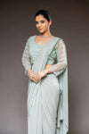 Sea Green Cutdana, Bead & Sequence Crepe Pre-Draped Designer Saree With Readymade Blouse